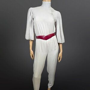 Vintage 80s Farouche Gray Chiffon belted Jumpsuit Size S Balloon Sleeves